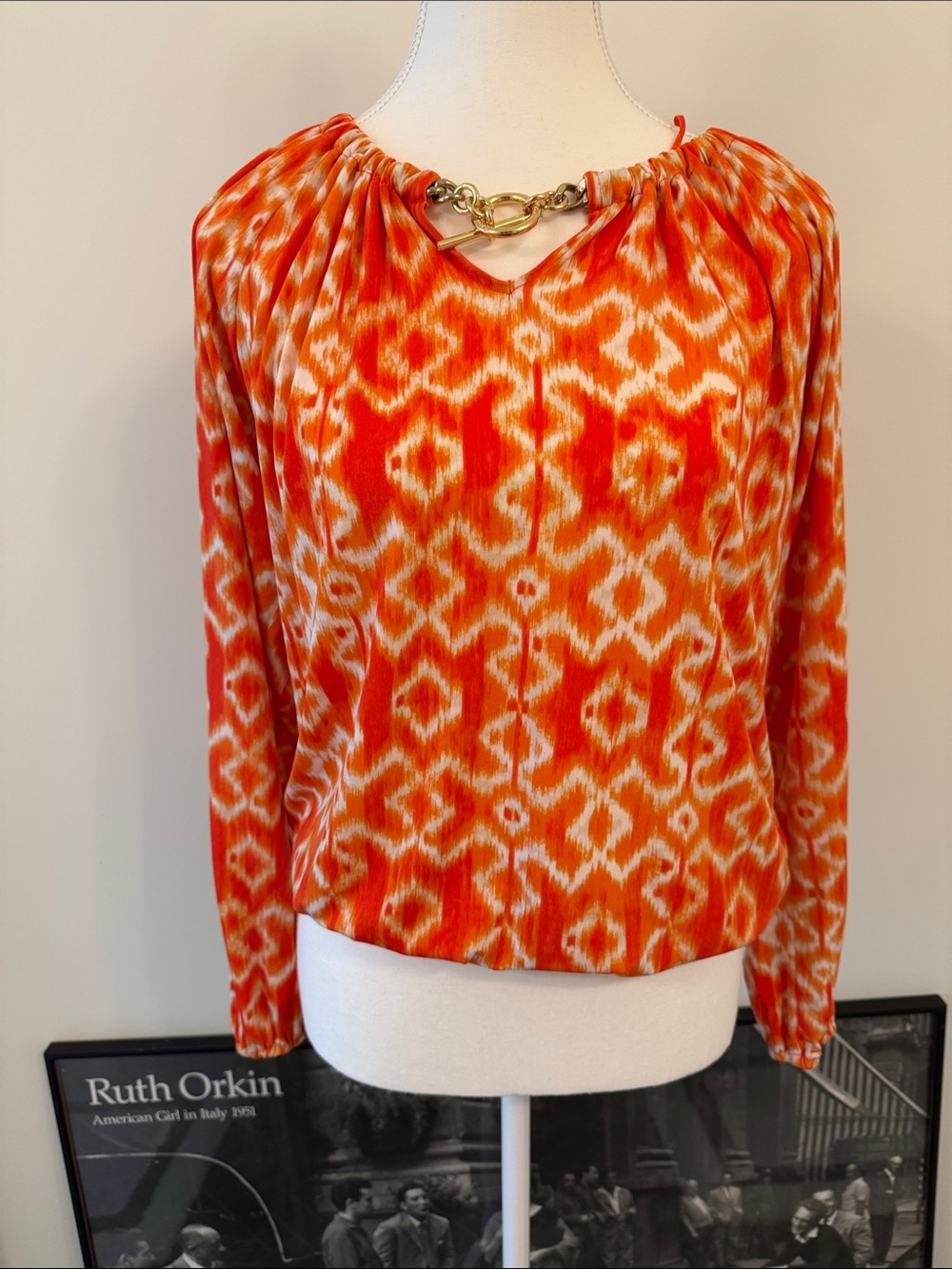 Michael Kors Orange and White Ikat-Print Long-Sleeve Blouse with Gold Chain